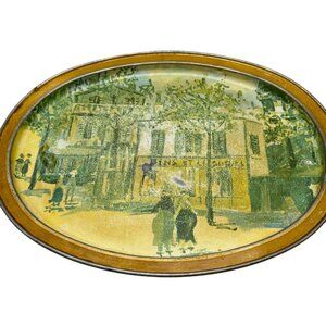 Vintage Oval Tin Tray Scenic Village Print petie cafe maurice utrillo 14.5x11.5"